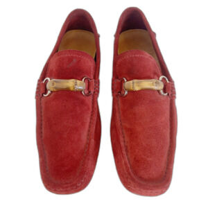 Gucci Men's Red Suede Horsebit Loafers Driving Loafers Bamboo Size 10